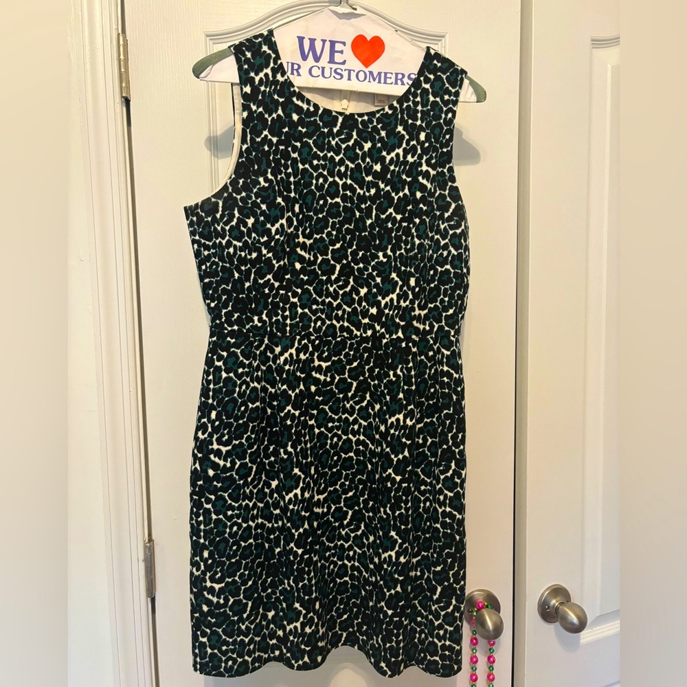 J Crew Green Black Leopard Print Sleeveless Shift Dress
